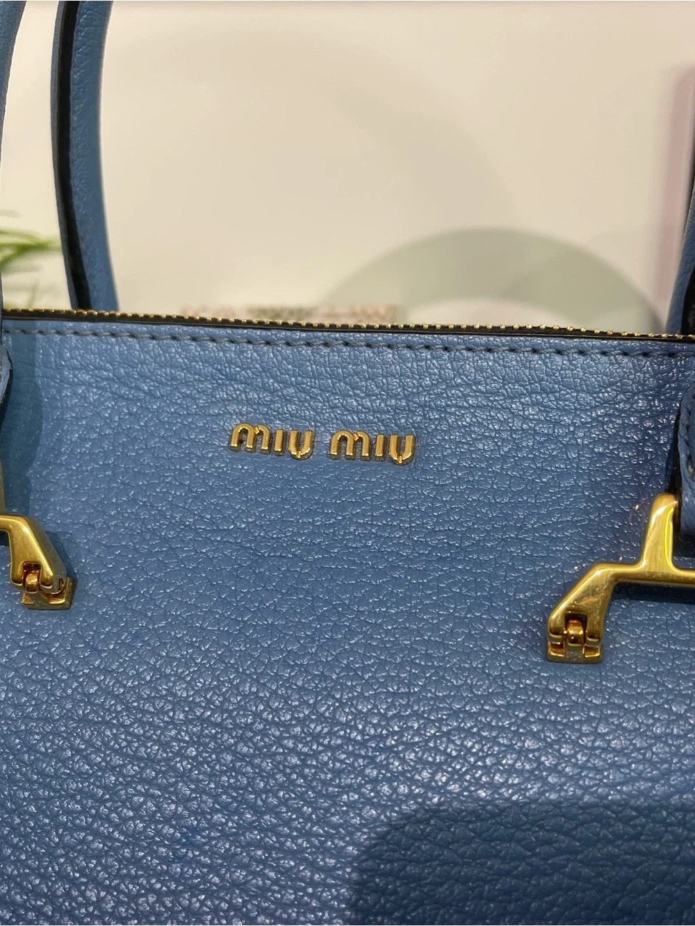 Miu Miu Cornflower Blue Pebbled Leather Satchel 2 Way with Gold Hardware
